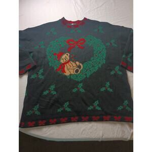 Vtg Knit Christmas Sweater Bear Wreath Mistletoe Classic Red Green 22W Holiday